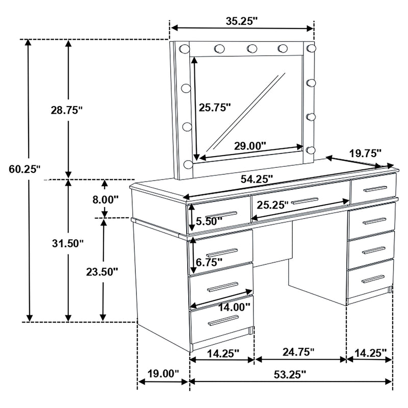Felicity 9-drawer Vanity Table Lighted Mirror Glossy White - detail 7