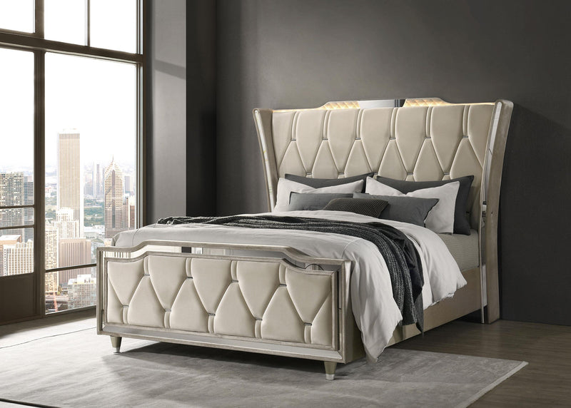 Lorient Queen LED Upholstered Wingback Bed Ivory and Camel
