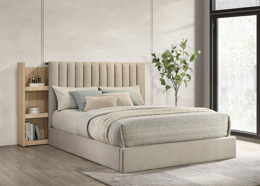 Arielle Queen Upholstered Bookcase Bed Light Tan and Light Oak