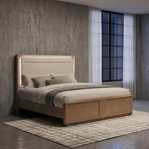 Leanne Queen LED Panel Bed Off White and Light Oak