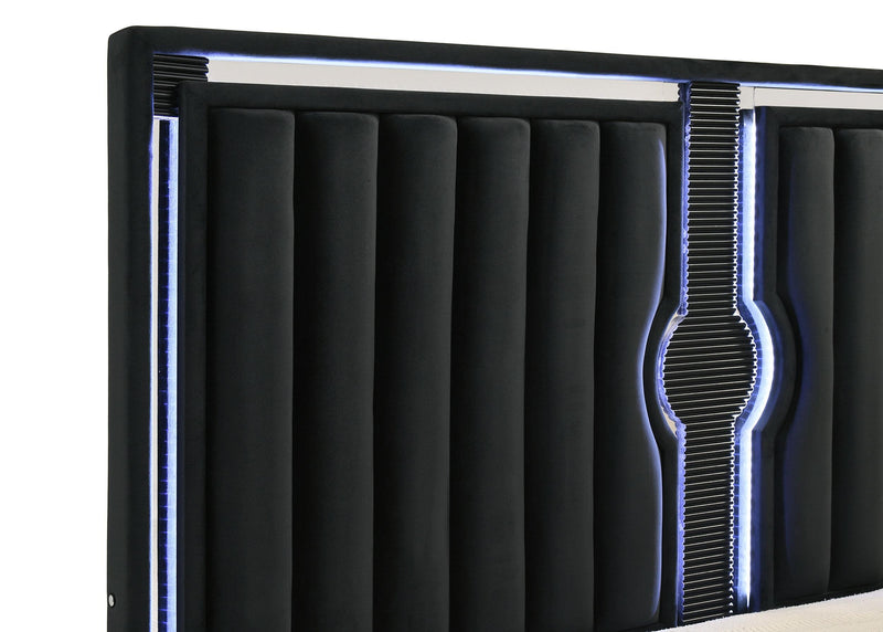 Ravenne Velvet Upholstered Queen LED Panel Bed Black - detail 7