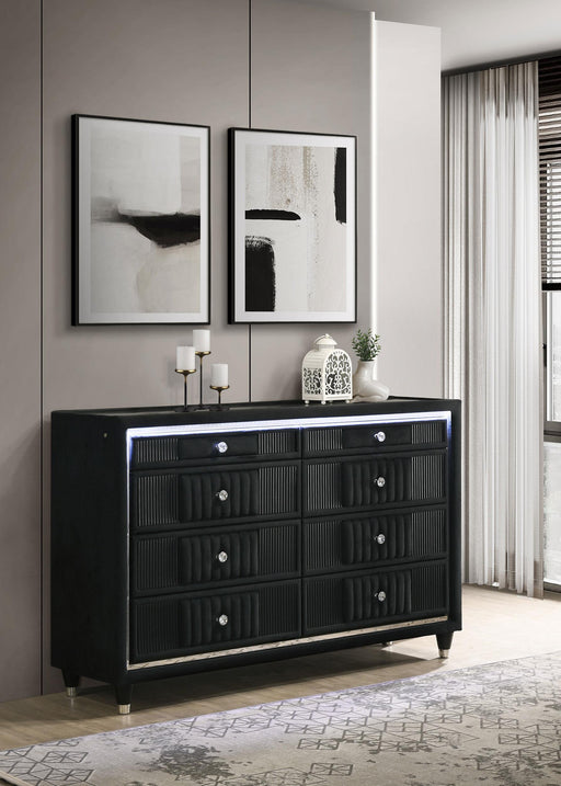 Ravenne 8-drawer Velvet Upholstered LED Dresser Cabinet Black