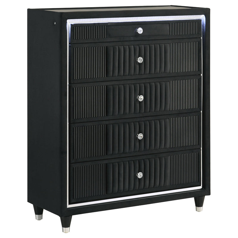 Ravenne 5-drawer Velvet Upholstered LED Chest of Drawers Black - alternate view