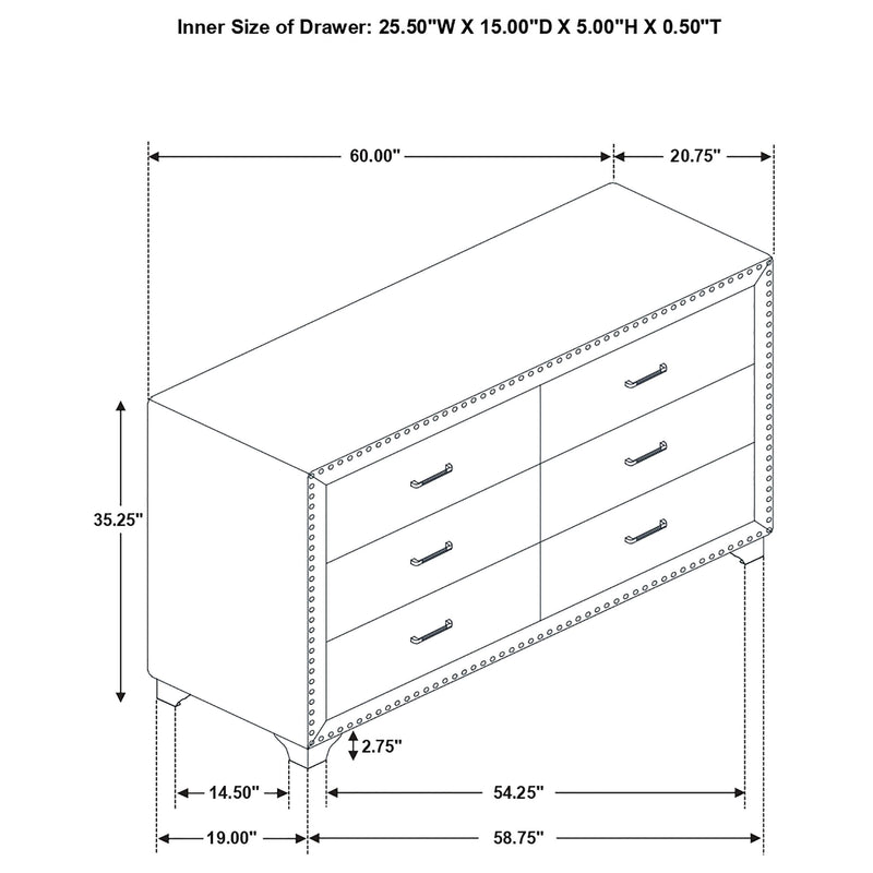 Melody 6-drawer Upholstered Dresser Pacific Blue - detail 5