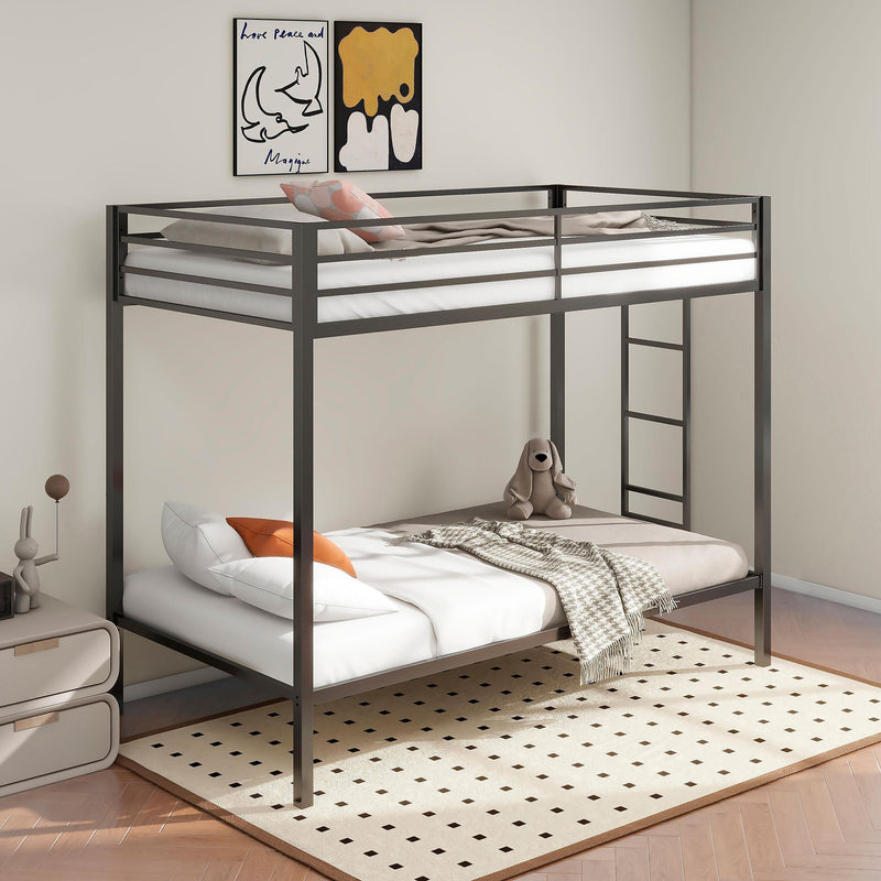 Alevera Twin-Over-Twin Steel Bunk Bed with Ladder Matte Black