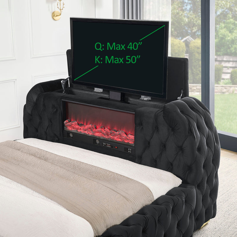Crownmark Natalia Bed w/ Fireplace & Tv Lift - Black