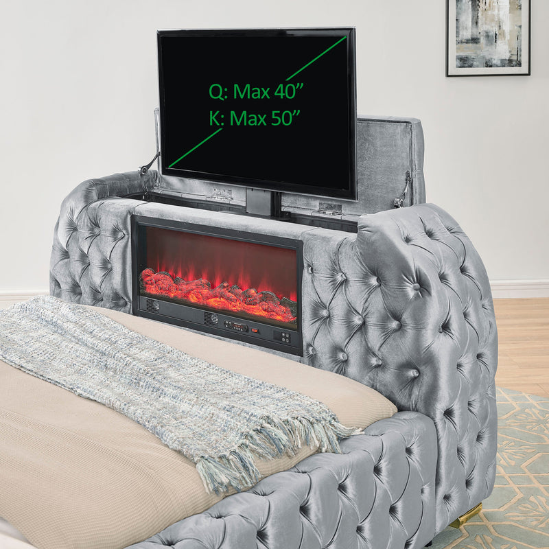 Crownmark Natalia Bed w/ Fireplace & Tv Lift - Grey