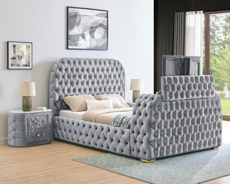Crownmark Natalia Bed w/ Fireplace & Tv Lift - Grey