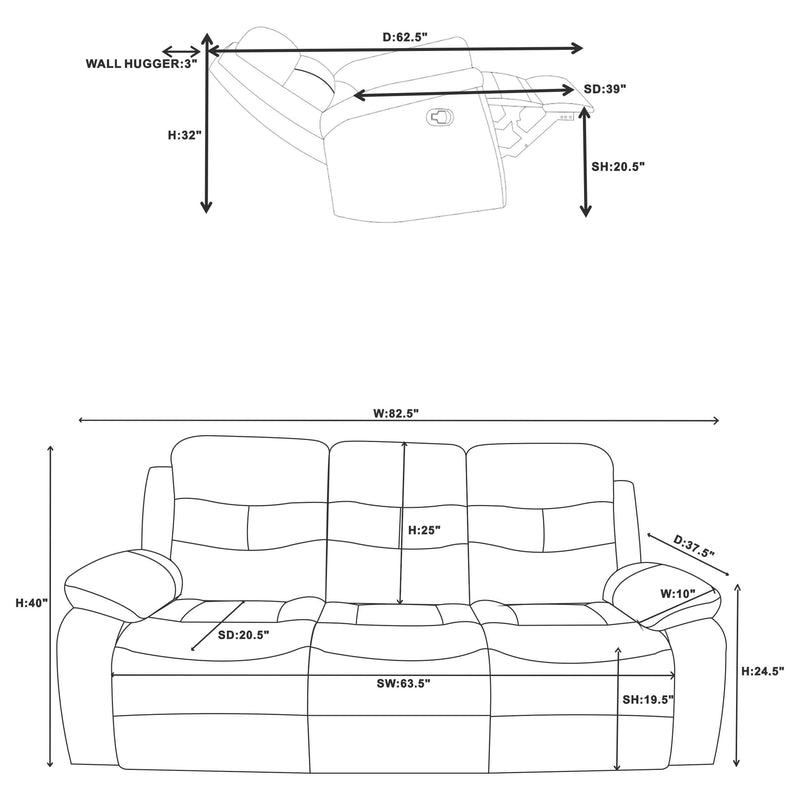 Nova Upholstered Padded Arm Reclining Sofa