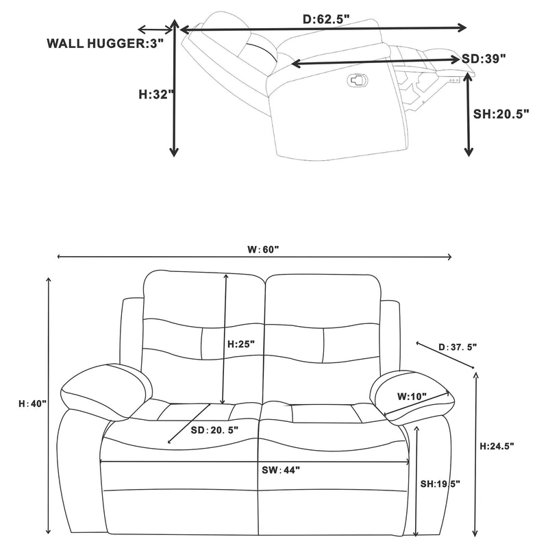 Nova Upholstered Padded Arm Reclining Loveseat