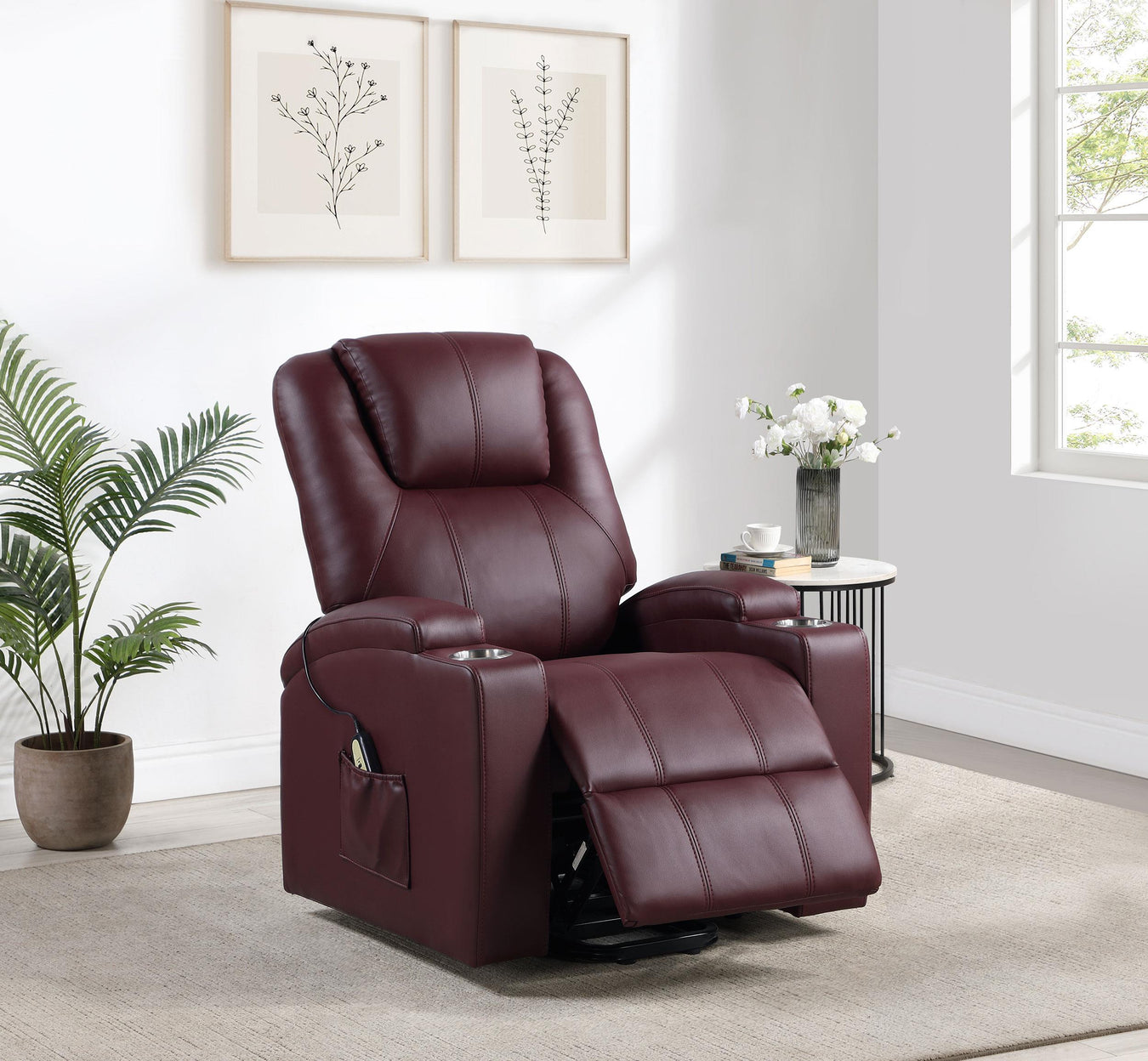 Armstrong Upholstered Power Lift Massage Recliner - Wine