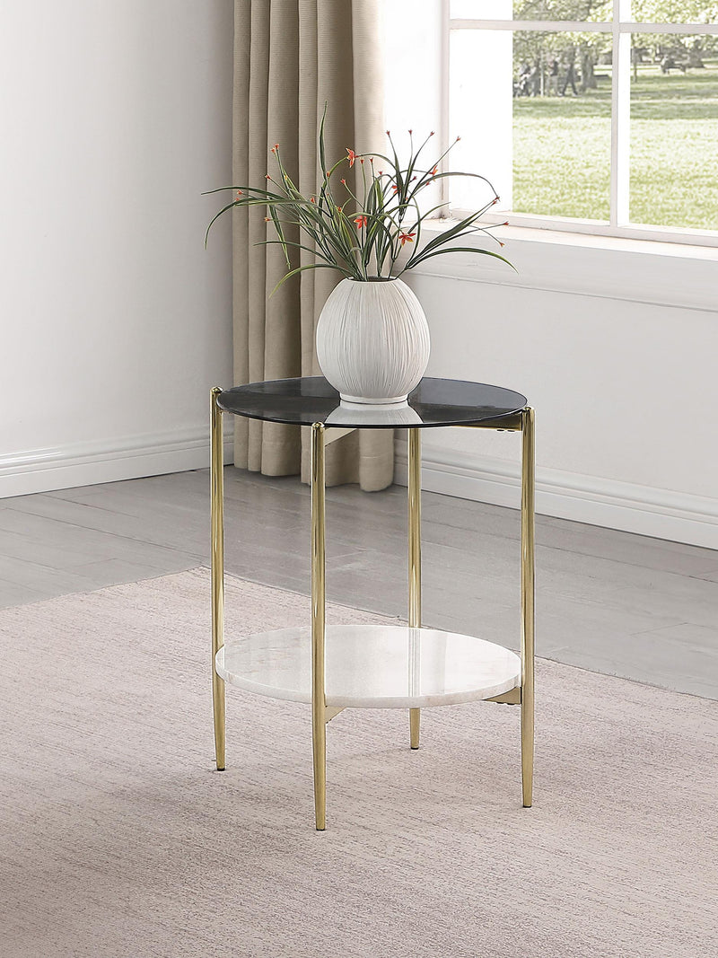 Jonelle Round Glass Top End Table White Marble Shelf