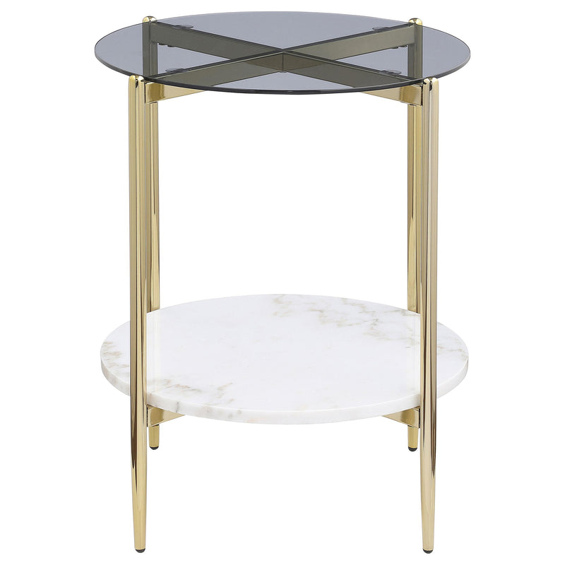 Jonelle Round Glass Top End Table White Marble Shelf