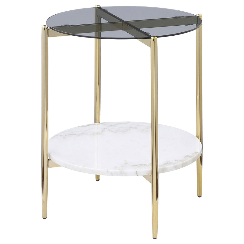 Jonelle Round Glass Top End Table White Marble Shelf
