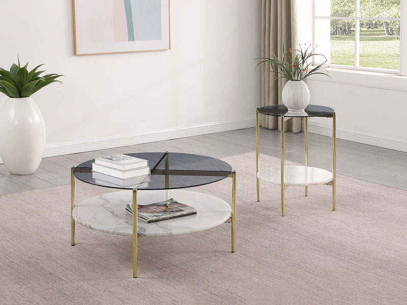 Jonelle Round Glass Top End Table White Marble Shelf