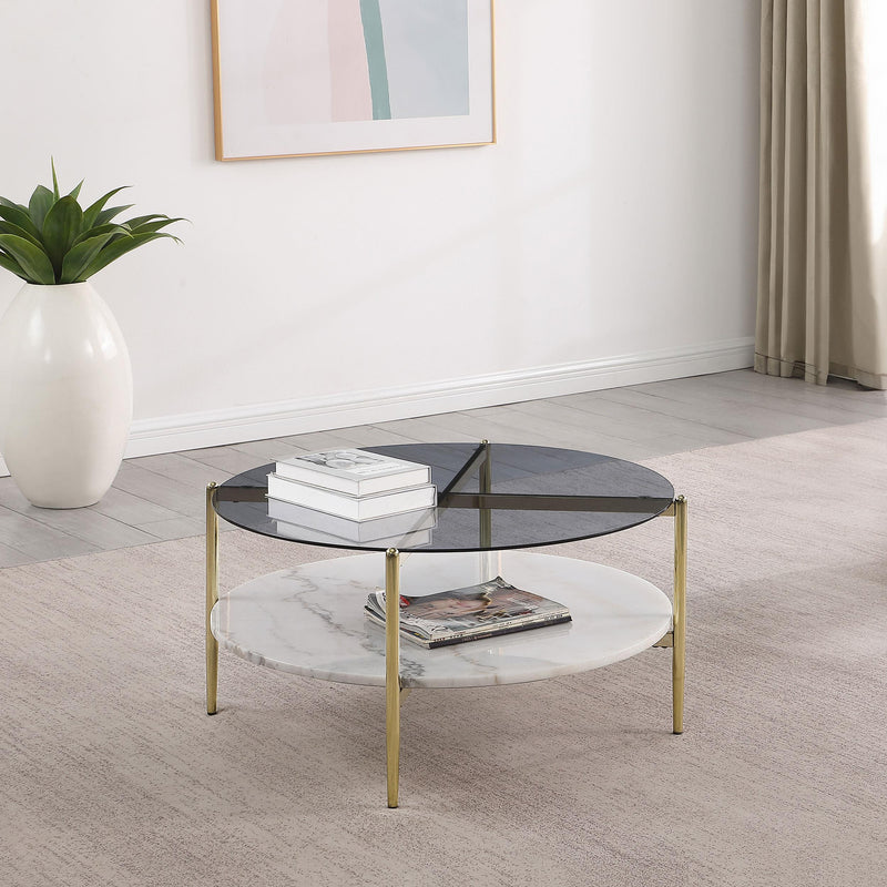 Jonelle Round Glass Top Coffee Table White Marble Shelf