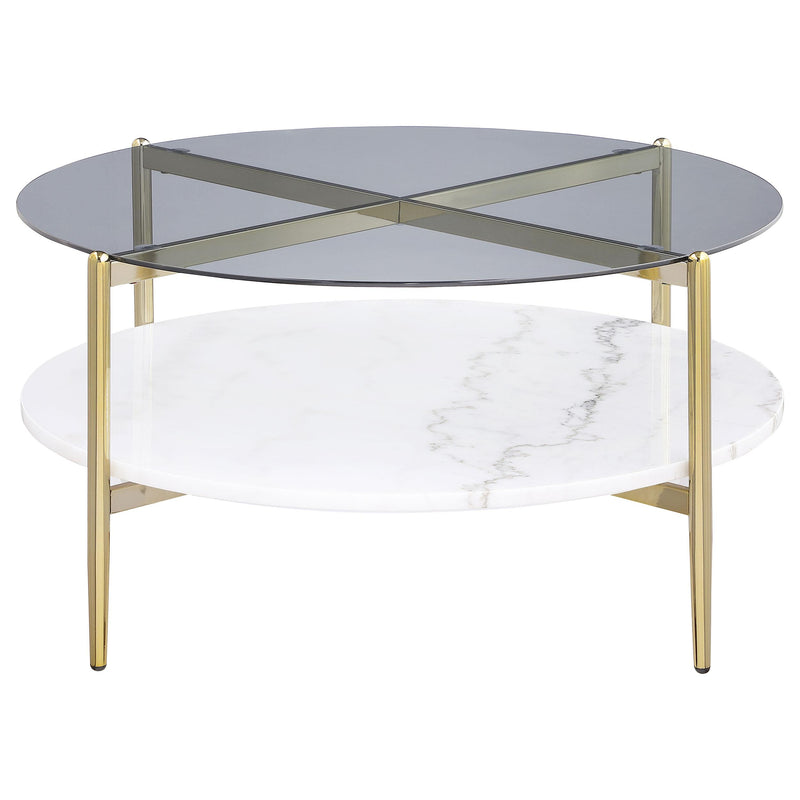 Jonelle Round Glass Top Coffee Table White Marble Shelf
