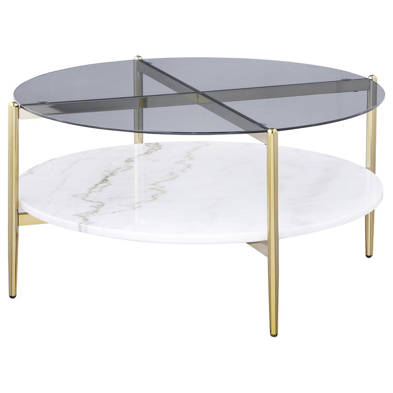 Jonelle Round Glass Top Coffee Table White Marble Shelf