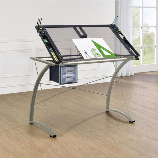 Melo 41-inch Glass Top Drafting Table with Storage Silver - alternate view
