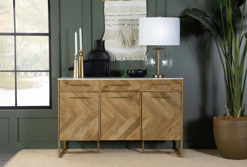 Keaton 3-door Marble Top Herringbone Accent Cabinet